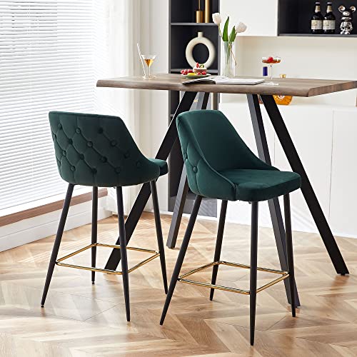 NORDICANA Velvet Button Tufted Barstools Set of 2, 27 inch Upholstered Kitchen Island Counter Dining Chair Soft Upholstered High Stools with Mid Backrest and Footrest, Dark Green