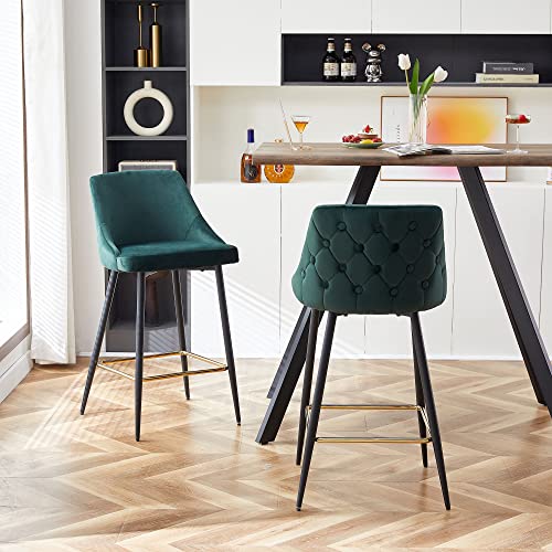 NORDICANA Velvet Button Tufted Barstools Set of 2, 27 inch Upholstered Kitchen Island Counter Dining Chair Soft Upholstered High Stools with Mid Backrest and Footrest, Dark Green