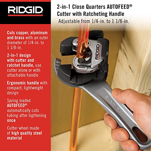 RIDGID 32573 Model 118 2-in-1 Close Quarters AUTOFEED 1/4" to 1-1/8" Metal Tubing Compact Cutter, Silver/Black