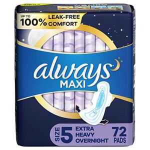 always maxi overnight pads with wings, size 5, extra heavy overnight, unscented, 72 count
