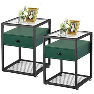 VECELO Glass Top Nightstands,End Tables with Drawer,Open Storage Shelf and Metal Frame,Set of 2 for Living Room,Bedroom,Lounge,Green, Surface