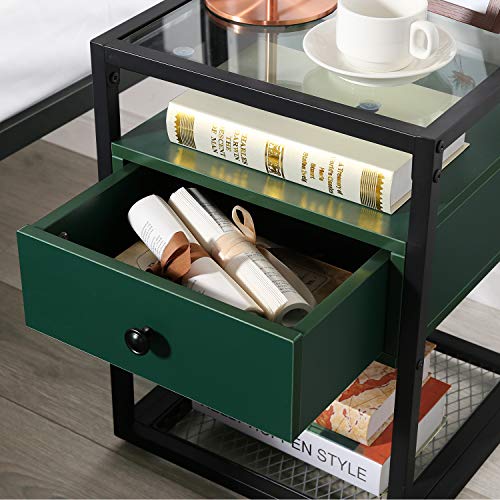 VECELO Glass Top Nightstands,End Tables with Drawer,Open Storage Shelf and Metal Frame,Set of 2 for Living Room,Bedroom,Lounge,Green, Surface