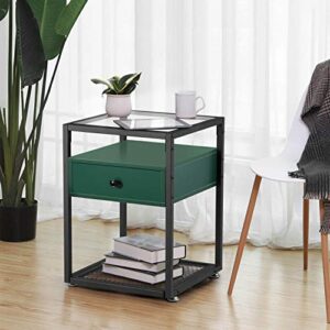VECELO Glass Top Nightstands,End Tables with Drawer,Open Storage Shelf and Metal Frame,Set of 2 for Living Room,Bedroom,Lounge,Green, Surface