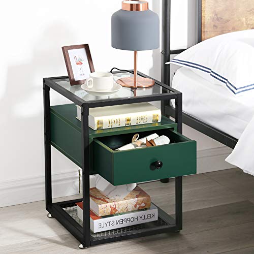 VECELO Glass Top Nightstands,End Tables with Drawer,Open Storage Shelf and Metal Frame,Set of 2 for Living Room,Bedroom,Lounge,Green, Surface