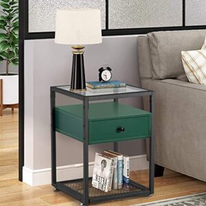 VECELO Glass Top Nightstands,End Tables with Drawer,Open Storage Shelf and Metal Frame,Set of 2 for Living Room,Bedroom,Lounge,Green, Surface