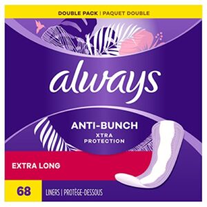 always anti-bunch xtra protection, panty liners for women, light absorbency, extra long length, leakguard + rapiddry, unscented, 68 count