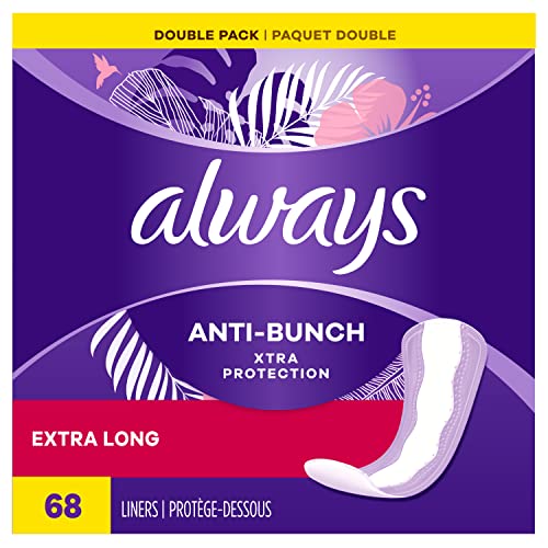 Always Anti-Bunch Xtra Protection, Panty Liners For Women, Light Absorbency, Extra Long Length, Leakguard + Rapiddry, Unscented, 68 Count