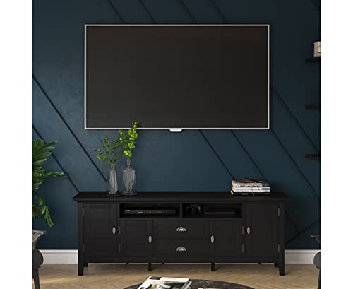 SIMPLIHOME Redmond SOLID WOOD Universal TV Media Stand, 72 inch Wide , Farmhouse Rustic, Living Room Entertainment Center, Storage Shelves and Cabinets, for Flat Screen TVs up to 80 inches in Black