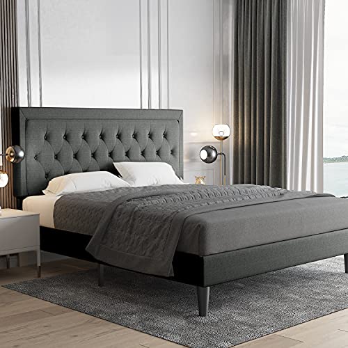 Allewie Queen Size Button Tufted Platform Bed Frame/Fabric Upholstered Bed Frame with Adjustable Headboard/Wood Slat Support/Mattress Foundation/Dark Grey (Queen)