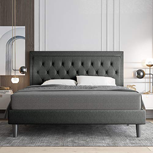 Allewie Queen Size Button Tufted Platform Bed Frame/Fabric Upholstered Bed Frame with Adjustable Headboard/Wood Slat Support/Mattress Foundation/Dark Grey (Queen)