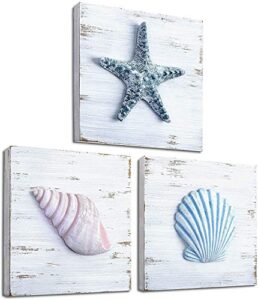 tideandtales 3d seashell art – set of 3, 6”x6” beach wall decor for bathroom, hand-painted rustic shells and starfish, ocean theme coastal decorations for home or beach house