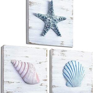 TideAndTales 3D Seashell Art - Set of 3, 6”x6” Beach Wall Decor for Bathroom, Hand-Painted Rustic Shells and Starfish, Ocean Theme Coastal Decorations for Home or Beach House