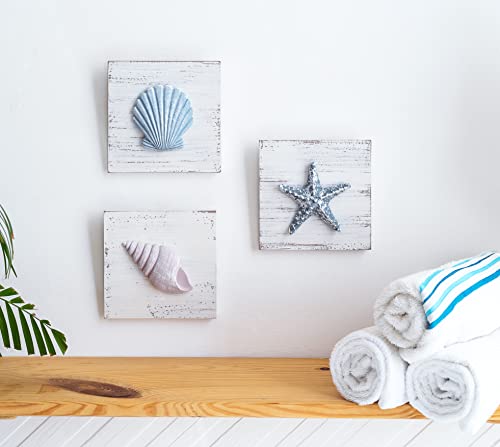 TideAndTales 3D Seashell Art - Set of 3, 6”x6” Beach Wall Decor for Bathroom, Hand-Painted Rustic Shells and Starfish, Ocean Theme Coastal Decorations for Home or Beach House