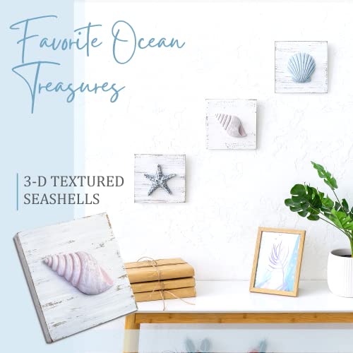 TideAndTales 3D Seashell Art - Set of 3, 6”x6” Beach Wall Decor for Bathroom, Hand-Painted Rustic Shells and Starfish, Ocean Theme Coastal Decorations for Home or Beach House