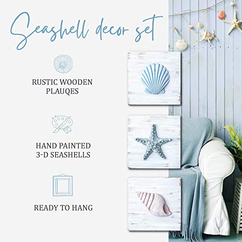 TideAndTales 3D Seashell Art - Set of 3, 6”x6” Beach Wall Decor for Bathroom, Hand-Painted Rustic Shells and Starfish, Ocean Theme Coastal Decorations for Home or Beach House
