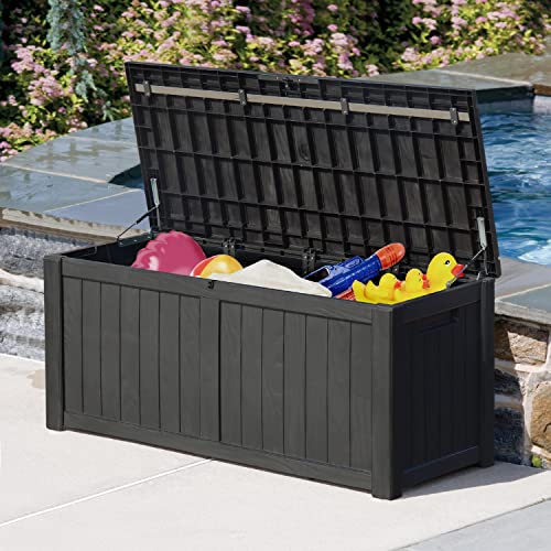 Flamaker Resin Deck Box 120 Gallon Waterproof Large Deck Boxes Plus Outdoor Indoor Storage Box Imitation Wood Resin for Patio Furniture Garden Tools and Pool,Dark Black