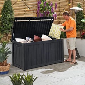 Flamaker Resin Deck Box 120 Gallon Waterproof Large Deck Boxes Plus Outdoor Indoor Storage Box Imitation Wood Resin for Patio Furniture Garden Tools and Pool,Dark Black