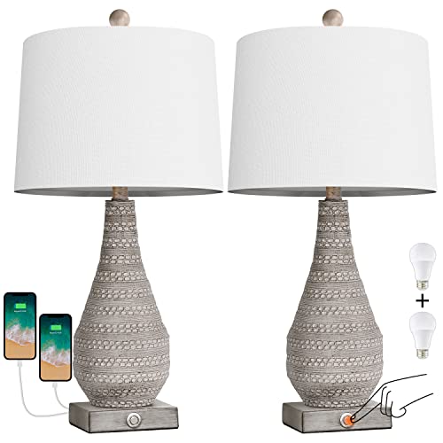 BOBOMOMO 3-Way 24.5’’ Dimmable Touch Control Table Lamp Set of 2 with Dual USB Charging Ports for Bedroom Living Room Farmhouse Traditional Bedside Lamps Rustic Nightstand Lamps (Bulbs Included)