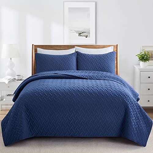 Peace nest 3 Piece Quilted Coverlet Set with Pillow Shams, All Season Bedspread Bed Cover Full/Queen Size Lightweight, Navy Blue((90"X90")