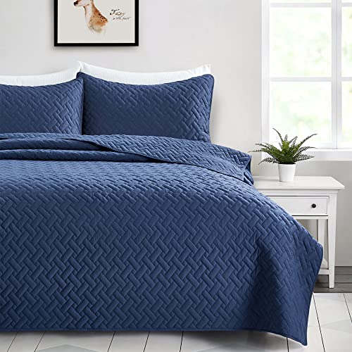 Peace nest 3 Piece Quilted Coverlet Set with Pillow Shams, All Season Bedspread Bed Cover Full/Queen Size Lightweight, Navy Blue((90"X90")