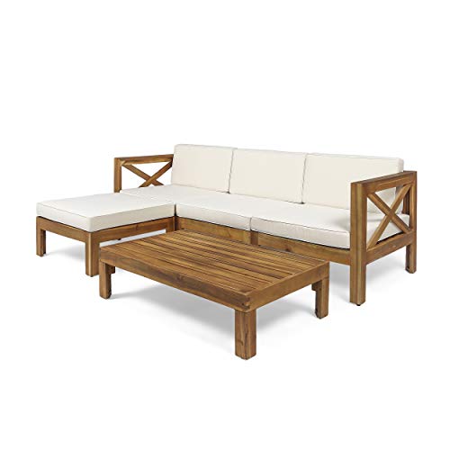 Christopher Knight Home Mamie Outdoor Acacia Wood 5 Piece Sofa Set, Teak Finish, Beige