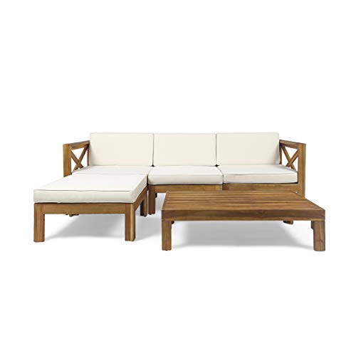 Christopher Knight Home Mamie Outdoor Acacia Wood 5 Piece Sofa Set, Teak Finish, Beige