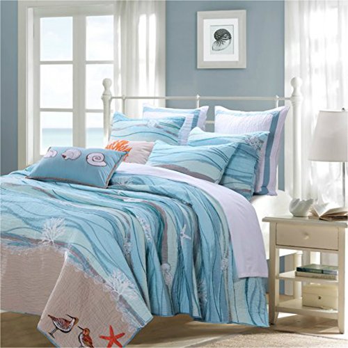 Blue /Turquoise / Teal Ocean Waves with Sea Shells & Corals Print Quilt Set For Beach Theme Bedroom - 3 Pieces, Full / Queen Size