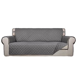 purefit reversible quilted sofa cover, water resistant slipcover furniture protector, washable couch cover with non slip foam and elastic straps for kids, pets (oversized sofa, gray/gray)