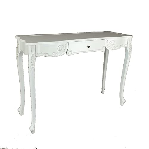 Benjara Troy 32 Inch Classic Wood Console Table, 1 Drawer, Floral Cared, White