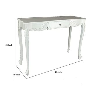 Benjara Troy 32 Inch Classic Wood Console Table, 1 Drawer, Floral Cared, White