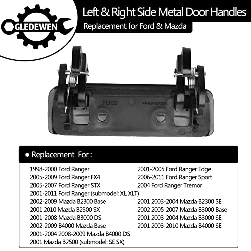 Exterior Door Handle Set, All Metal, Front Outside Left Driver & Right Passenger Side, Compatible with 1998-2011 Ford Ranger, 01-10 Mazda B2300 B3000 B4000 | Replaces# 2L5Z1022404BAA Outer Handle