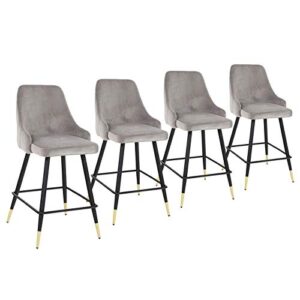 bar stools set of 4 – 25.5” velvet barstools bar chairs, modern counter height stools with back and footrest,countertop kitchen island stools chair with black metal base for kitchen counter bar, grey