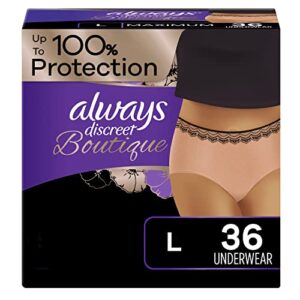 always discreet boutique incontinence underwear for women, large, 18 count x 2 packs (36 count total)