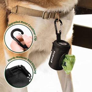 FURHAB Dog Poop Bag Holder Doggie Waste Bag Dispenser for Leash 1680D Nylon Oxford Small Zipper Pouch with Carabiner Clip for Belt Bone-Shaped Opening Portable Set with 1 Roll of Pet Trash Bags, Black