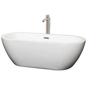 soho 68 inch freestanding bathtub in white with floor mounted faucet, drain and overflow trim in brushed nickel