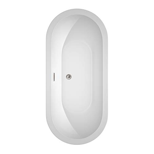 Soho 68 inch Freestanding Bathtub in White with Floor Mounted Faucet, Drain and Overflow Trim in Brushed Nickel