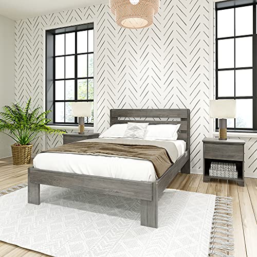 Max & Lily Modern Farmhouse Platform Bed with Plank Headboard, Full, Driftwood