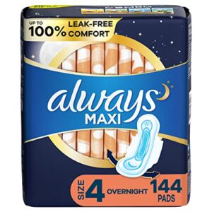 always maxi feminine pads for women, size 4 overnight absorbency, multipack, with wings, unscented, 48 count x 3 packs (144 count total)