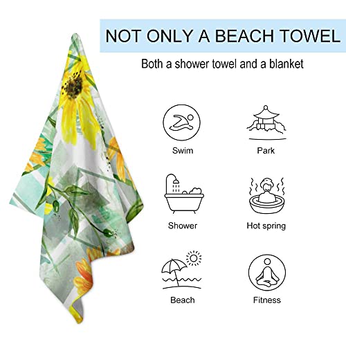 My Little Nest Bath Towels Soft Absorbent Bathroom Towel Sunflowers Pattern Watercolor Quick Dry Bath Towel Large Shower Towels Lightweight Hand Towels 31" x 51"