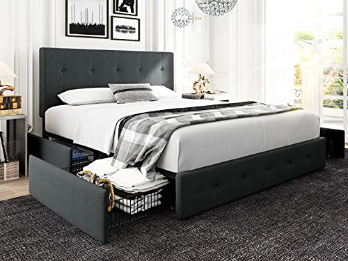 HOOMIC Queen Upholstered Platform Bed Frame with 4 Storage Drawers, Wooden Slats Support, Adjustable High Headboard with Square Stitched Button Tufted Design, No Box Spring Needed,Dark Grey