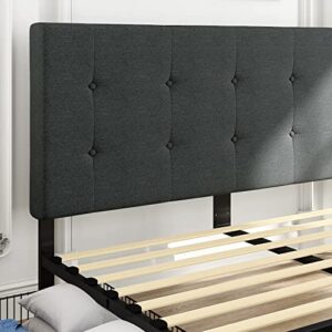 HOOMIC Queen Upholstered Platform Bed Frame with 4 Storage Drawers, Wooden Slats Support, Adjustable High Headboard with Square Stitched Button Tufted Design, No Box Spring Needed,Dark Grey