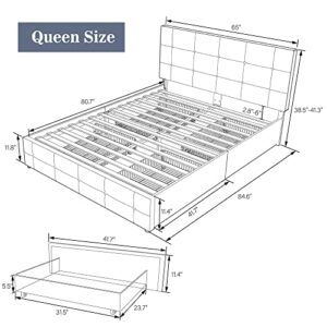 HOOMIC Queen Upholstered Platform Bed Frame with 4 Storage Drawers, Wooden Slats Support, Adjustable High Headboard with Square Stitched Button Tufted Design, No Box Spring Needed,Dark Grey