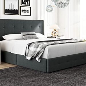HOOMIC Queen Upholstered Platform Bed Frame with 4 Storage Drawers, Wooden Slats Support, Adjustable High Headboard with Square Stitched Button Tufted Design, No Box Spring Needed,Dark Grey