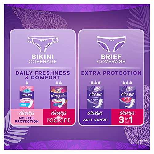 Always Anti-Bunch Xtra Protection, Panty Liners For Women, Light Absorbency, Long Length, Leakguard + Rapiddry, Unscented, 40 Count