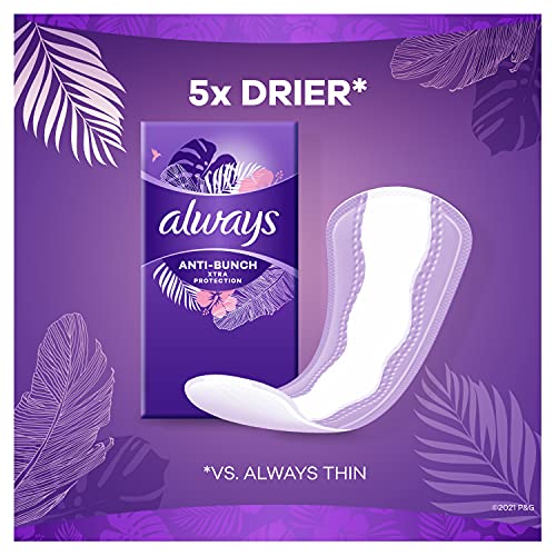 Always Anti-Bunch Xtra Protection, Panty Liners For Women, Light Absorbency, Long Length, Leakguard + Rapiddry, Unscented, 40 Count