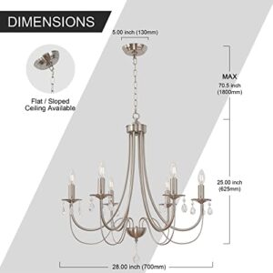 oulok 6-Light Crystal Candle Chandeliers Modern Ceiling Lighting Fixtures Brushed Nickel Pendant Lights for Living Room Bedroom