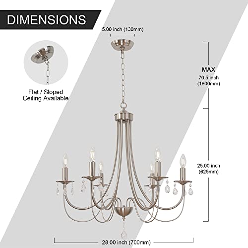 oulok 6-Light Crystal Candle Chandeliers Modern Ceiling Lighting Fixtures Brushed Nickel Pendant Lights for Living Room Bedroom