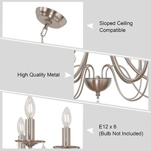 oulok 6-Light Crystal Candle Chandeliers Modern Ceiling Lighting Fixtures Brushed Nickel Pendant Lights for Living Room Bedroom