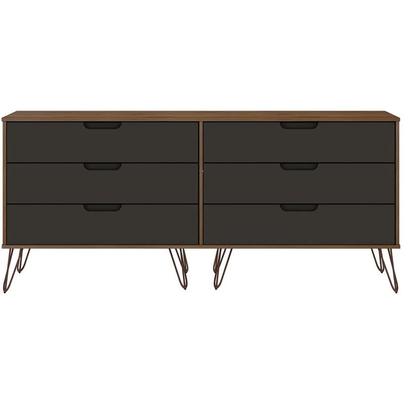 Manhattan Comfort Rockefeller Mid Century 6-Drawer Double Low Dresser with Metal Legs, Nature and Textured Grey