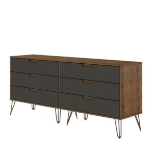 Manhattan Comfort Rockefeller Mid Century 6-Drawer Double Low Dresser with Metal Legs, Nature and Textured Grey